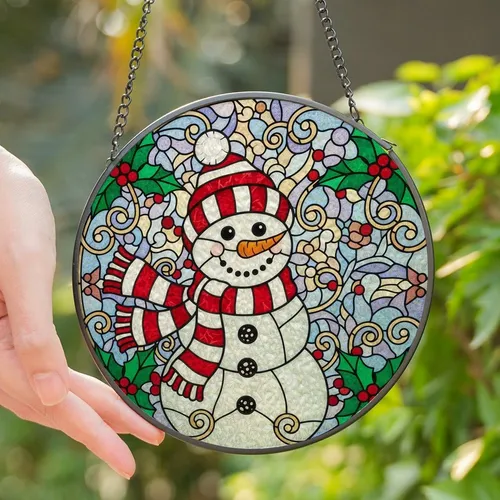 Festive Enthusiasts' Cheerful Snowman Stained Glass Mosaic, Holly Berries, Intricate Filigree, Jewel Tones Stained Glass Suncatcher