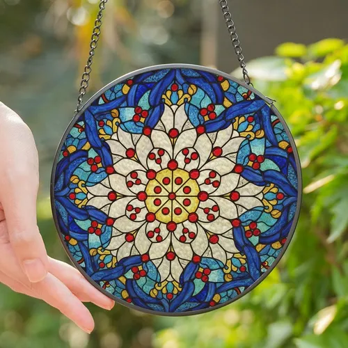 Art Lovers' Glowing Tiffany Stained Glass Floral Mandala Mosaic Deep Blue Red Gold Jewel Tones Stained Glass Suncatcher
