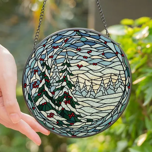 Art Enthusiasts' Intricate Stained Glass Crescent Moon Snowy Evergreen Emerald Cranberry Mosaic Stained Glass Suncatcher