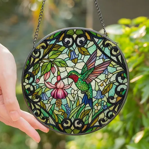 Nature Lovers' Vibrant Emerald Rose Stained Glass Hummingbird Fuchsia Floral Mosaic Design Stained Glass Suncatcher