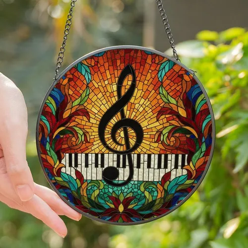 Music Lovers' Tiffany Stained Glass Treble Clef Piano Keyboard Radiant Jewel Tone Mosaic Pattern Stained Glass Suncatcher