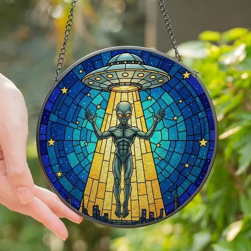 Cosmic Explorers' Tiffany Style Alien UFO Encounter Golden Blue Teal Mosaic Stained Glass Suncatcher