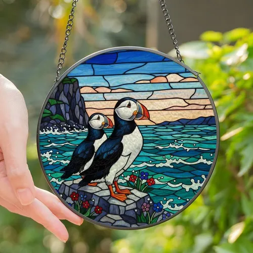 Nature Lovers' Intricate Stained Glass Atlantic Puffin Ocean Cliff Wildflower Mosaic Stained Glass Suncatcher