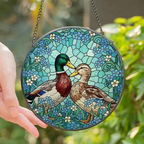 Nature Lovers' Stained Glass Mallard Duck Pair Emerald Green Forget-Me-Nots Floral Tiffany Mosaic Pattern Stained Glass Suncatcher