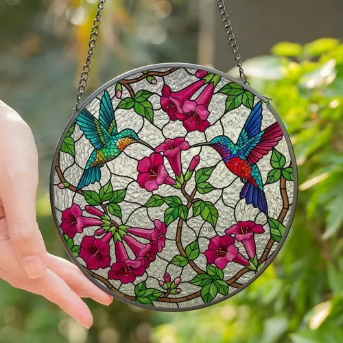 Nature Lovers' Vibrant Tiffany Stained Glass Hummingbirds Pink Fuchsia Floral Jewel Mosaic Art Stained Glass Suncatcher