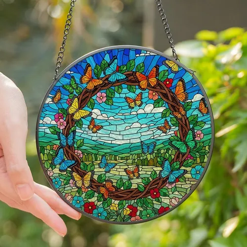 Nature Lovers' Radiant Tiffany Stained Glass Butterfly Wreath Mosaic Blue Sky Orange Yellow Green Pink Jewel Tones Stained Glass Suncatcher
