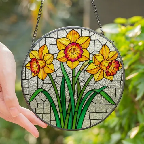 Nature Lovers' Vibrant Tiffany Style Stained Glass Daffodil Floral Mosaic Golden Yellow Fuchsia Emerald Green Stained Glass Suncatcher