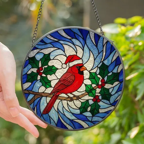 Holiday Art Lovers' Tiffany Style Stained Glass Cardinal with Santa Hat, Crimson Blue Cream Intricate Geometric Mosaic Stained Glass Suncatcher