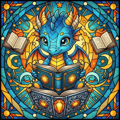Fantasy Readers & Dragon Art Lovers' Chibi Dragon Reading Stained Glass Tiffany Blue Orange Geometric Mosaic Stained Glass Suncatcher