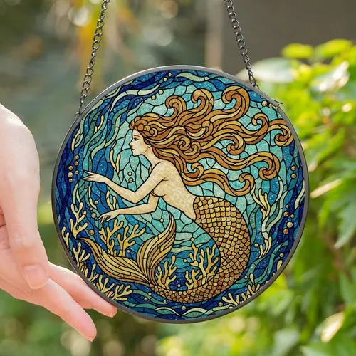 Women's Stained Glass Mermaid Ocean Waves Coral Tiffany Style Intricate Jewel Tones Stained Glass Suncatcher