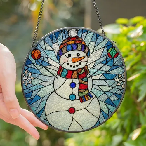 Winter Art Lovers' Glowing Stained Glass Snowman Ice Crystal Mosaic Pattern Stained Glass Suncatcher