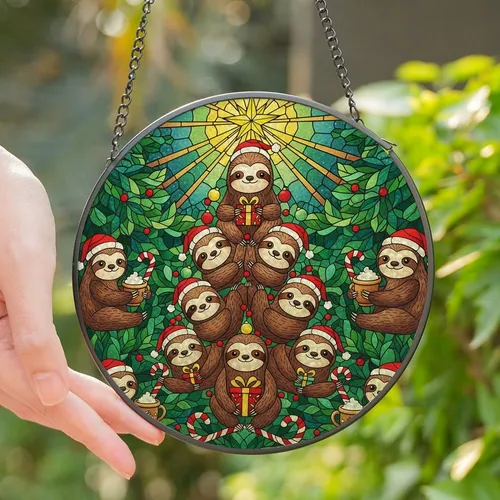 Festive Sloth Lovers' Tiffany Stained Glass Sloth Christmas Tree Jewel Tone Mosaic Stained Glass Suncatcher
