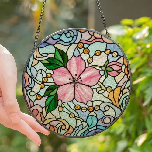 Nature Lovers' Intricate Tiffany Stained Glass Pink Cherry Blossom & Emerald Green Botanical Art Stained Glass Suncatcher