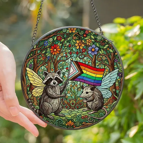 Fantasy Art Lovers' Tiffany Glass Fairy Raccoon Opossum Rainbow Stripe Banner Forest Mosaic Jewel Tones Stained Glass Suncatcher