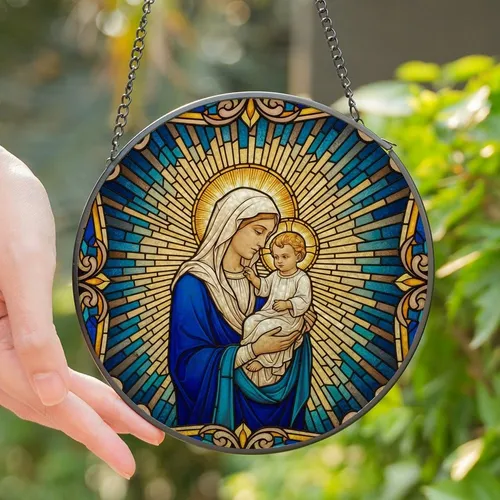 Stained Glass Art Fans' Intricate Tiffany Style Virgin Mary Baby Jesus Radiant Mosaic Stained Glass Suncatcher