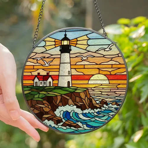 Lighthouse Lovers' Vibrant Tiffany Stained Glass Seascape Art Blue Yellow Orange Jewel Tones Stained Glass Suncatcher