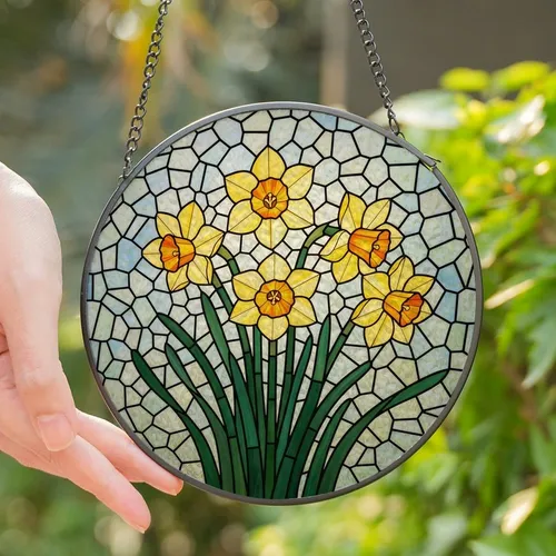Nature Lovers' Intricate Stained Glass Daffodil Floral Mosaic Yellow Orange Green Blue Stained Glass Suncatcher