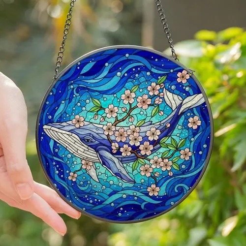 Nature Lover's Tiffany Stained Glass Whale Cherry Blossom Swirling Ocean Mosaic Jewel Tone Blues Stained Glass Suncatcher