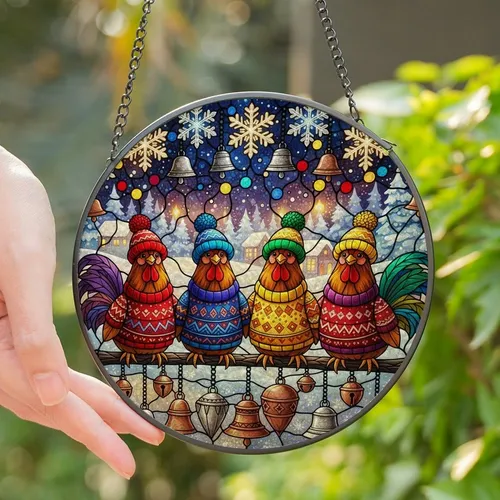 Holiday Chicken Lovers' Tiffany Style Stained Glass Winter Chickens, Knitted Hats Sweaters, Glowing Snowflake Jingle Bells Stained Glass Suncatcher