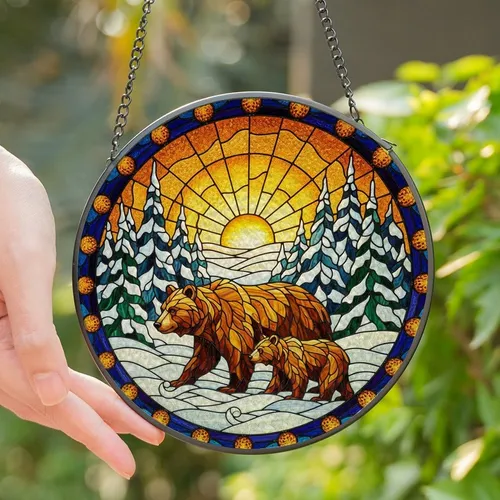 Nature Lovers' Intricate Tiffany Stained Glass Bear & Cub Snowy Forest Amber Glow Stained Glass Suncatcher
