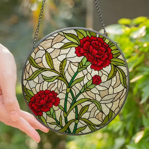 Floral Art Lovers' Vibrant Crimson Green Carnation Stained Glass Tiffany Mosaic Pattern Stained Glass Suncatcher