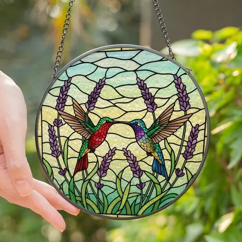 Nature Lovers' Vibrant Stained Glass Hummingbird Lavender Floral Mosaic Art Red Green Purple Blue Yellow Stained Glass Suncatcher