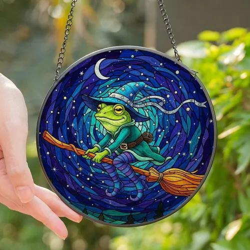 Witchy Style Enthusiasts' Whimsical Frog Witch Flying Broomstick Lime Green Purple Amber Stained Glass Stained Glass Suncatcher