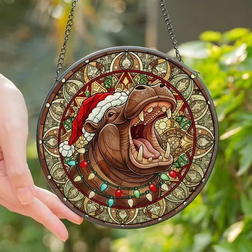 Festive Animal Lovers' Jovial Hippo Christmas Lights Stained Glass Snowflake Mosaic Jewel Tones Stained Glass Suncatcher