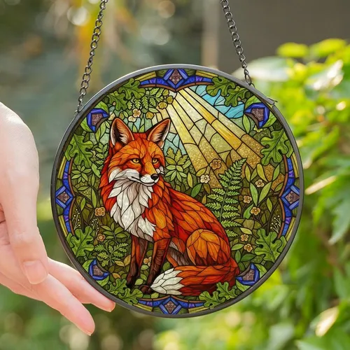 Nature Lovers' Majestic Stained Glass Red Fox Forest Mosaic Fiery Orange Jewel Tones Stained Glass Suncatcher
