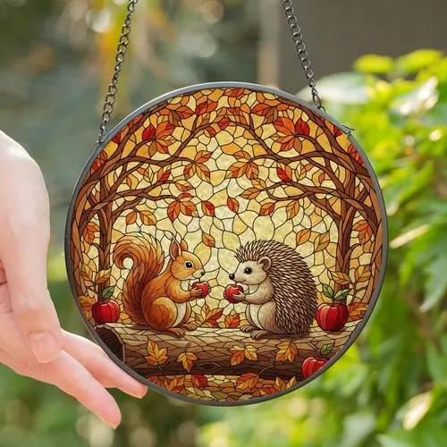 Nature Lovers' Intricate Tiffany Stained Glass Squirrel Hedgehog Red Apples Autumn Forest Mosaic Amber Deep Red Green Stained Glass Suncatcher