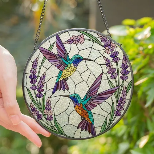 Women's Vibrant Stained Glass Hummingbirds Purple Blue Yellow Orange Pink Floral Mosaic Art Stained Glass Suncatcher