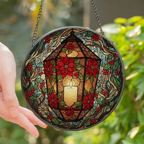 Winter Art Enthusiasts' Glowing Stained Glass Lantern Poinsettia Holly Mosaic Jewel Tones Stained Glass Suncatcher