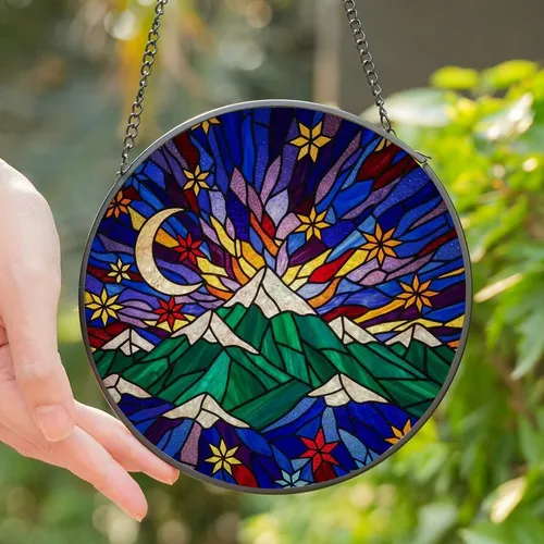 Nature Lovers' Emerald Gold Pink Stained Glass Mountain Peaks Celestial Mosaic Pattern Stained Glass Suncatcher