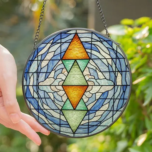 Art Enthusiast's Tiffany Style Stained Glass Geometric Triangle Stack Ethereal Sky Jewel Tones Stained Glass Suncatcher