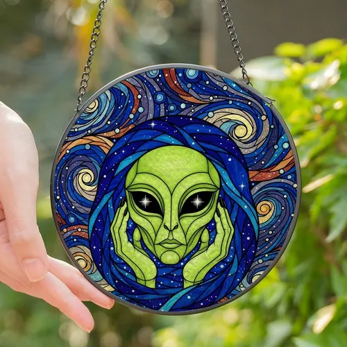 Sci-Fi Art Fans' Tiffany Glass Alien Head Vibrant Lime Green Deep Blue Cosmic Nebula Design Stained Glass Suncatcher