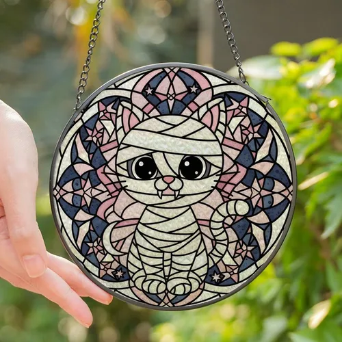 Halloween Enthusiasts' Tiffany Stained Glass Mummy Cat Mosaic Celestial Opal Pink Black Pattern Stained Glass Suncatcher