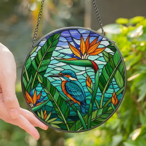 Nature Lovers' Vibrant Teal Orange Emerald Stained Glass Kingfisher Tropical Mosaic Art Stained Glass Suncatcher