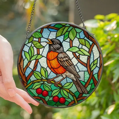 Nature Lovers' Intricate Tiffany Stained Glass American Robin Forest Mosaic Jewel Tones Stained Glass Suncatcher