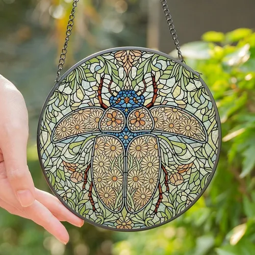 Nature Lovers' Vibrant Tiffany Stained Glass Ornate Beetle Floral Mosaic Blue Peach Pink Stained Glass Suncatcher