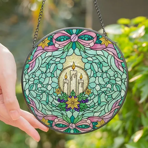 Festive Art Enthusiasts Glowing Advent Candles Tiffany Stained Glass Pink Lavender Teal Holly Mosaic Stained Glass Suncatcher