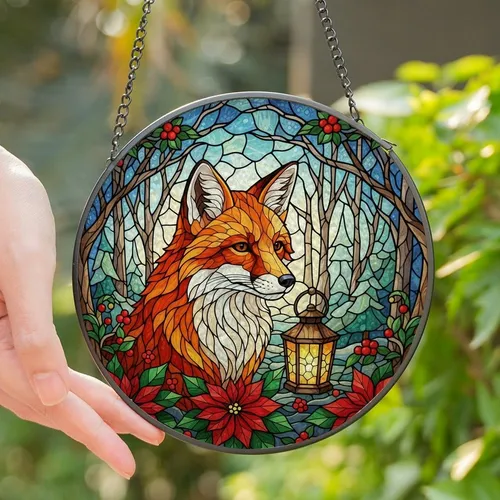 Art Lovers' Tiffany Stained Glass Fox Winter Forest Poinsettia Amber Red Jewel Tone Design Stained Glass Suncatcher
