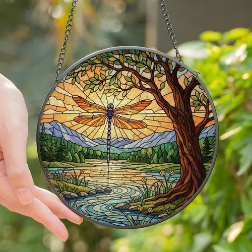 Nature & Art Lovers' Vibrant Tiffany Stained Glass Dragonfly River Jewel Tone Mosaic Stained Glass Suncatcher