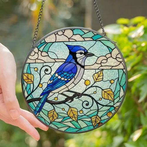 Nature Lovers' Detailed Blue Jay Tiffany Stained Glass Mosaic Vibrant Blue Amber Yellow Stained Glass Suncatcher