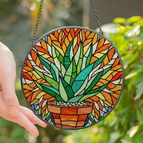 Art Lovers' Tiffany Stained Glass Succulent Emerald Teal Orange Intricate Sun Ray Leaf Mosaic Stained Glass Suncatcher