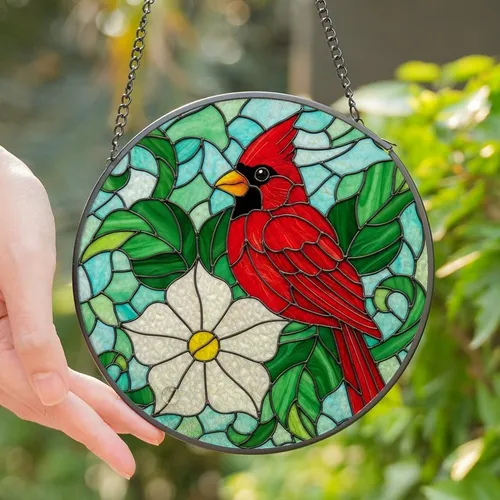 Nature Lovers' Vibrant Red Cardinal Stained Glass Mosaic Art with White Flower, Tiffany Jewel Tones Stained Glass Suncatcher