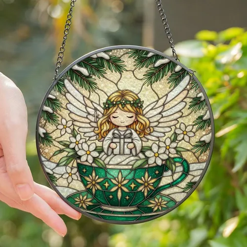 Kindred Spirits' Serene Chibi Angel Tiffany Stained Glass Winter Teacup Jewel Tone Mosaic Stained Glass Suncatcher
