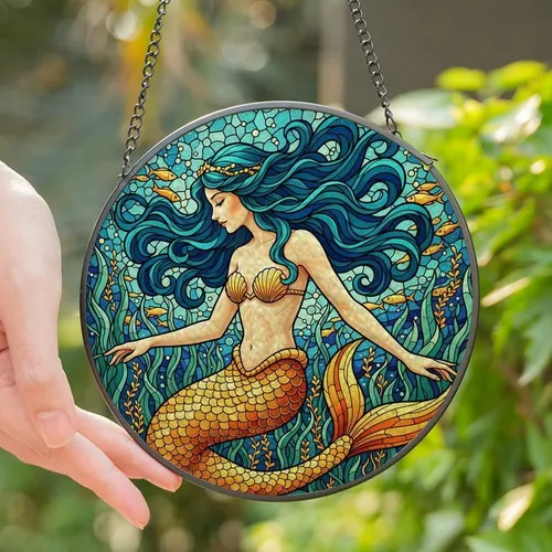 Fantasy Art Lovers' Intricate Stained Glass Mermaid Teal Blue Gold Orange Tiffany Style Mosaic Art Stained Glass Suncatcher