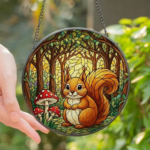 Nature Lovers' Whimsical Woodland Squirrel Stained Glass Mosaic Amber Emerald Jewel Tones Stained Glass Suncatcher