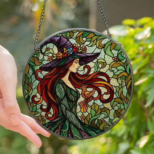 Fantasy Art Lovers' Jewel Tone Stained Glass Sorceress Witch Hat Floral Emerald Purple Amber Stained Glass Suncatcher