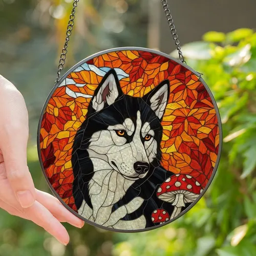 Husky Lovers' Jewel Tone Stained Glass Black White Husky Dog Autumn Foliage Mushroom Art Stained Glass Suncatcher